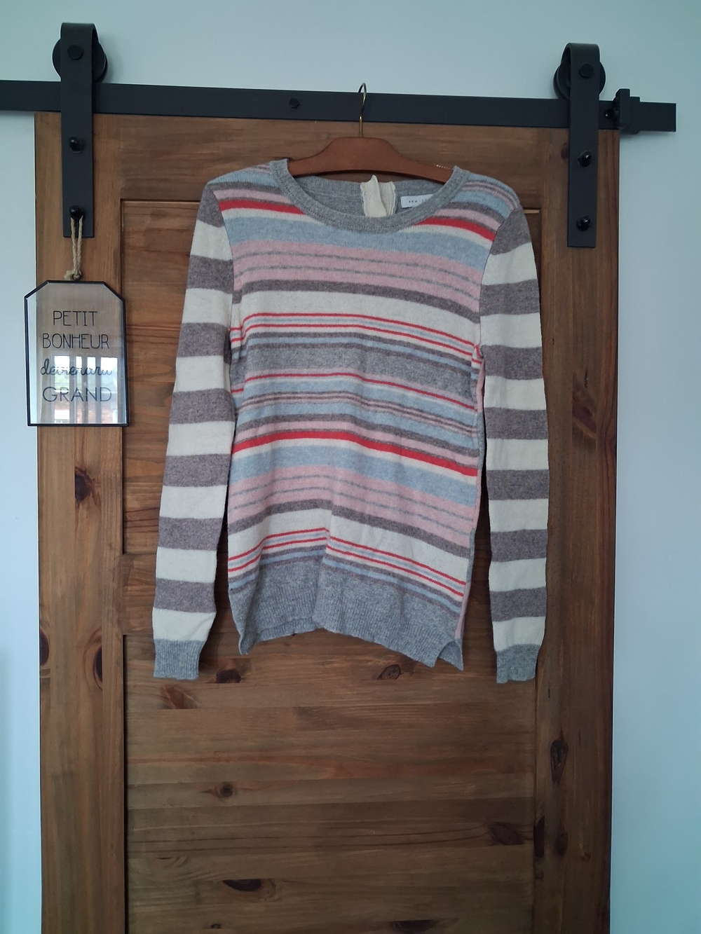 KEW 159 Striped Crewneck Sweater in Gray, Pink & Red 100% Pure Wool L
